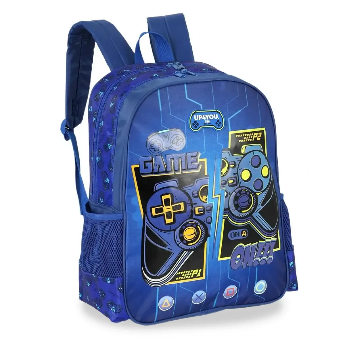 Mochila infantil azul Luxcel vista lateral com detalhes de estampa gamer
